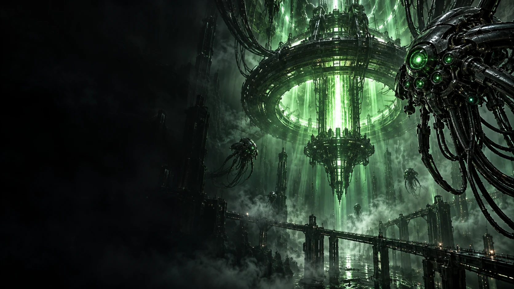Colossal emerald machine reactor in a futuristic chamber